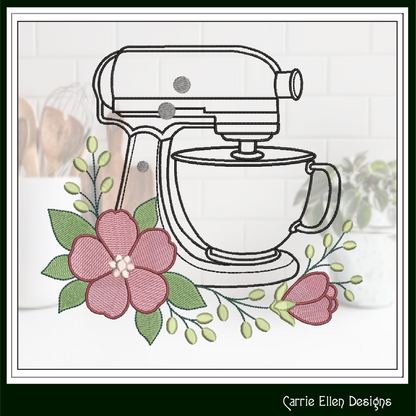 Floral Kitchen Mixer Machine Embroidery Design | Baking Mixer with Flowers Stitch File, 6 Sizes (4108)