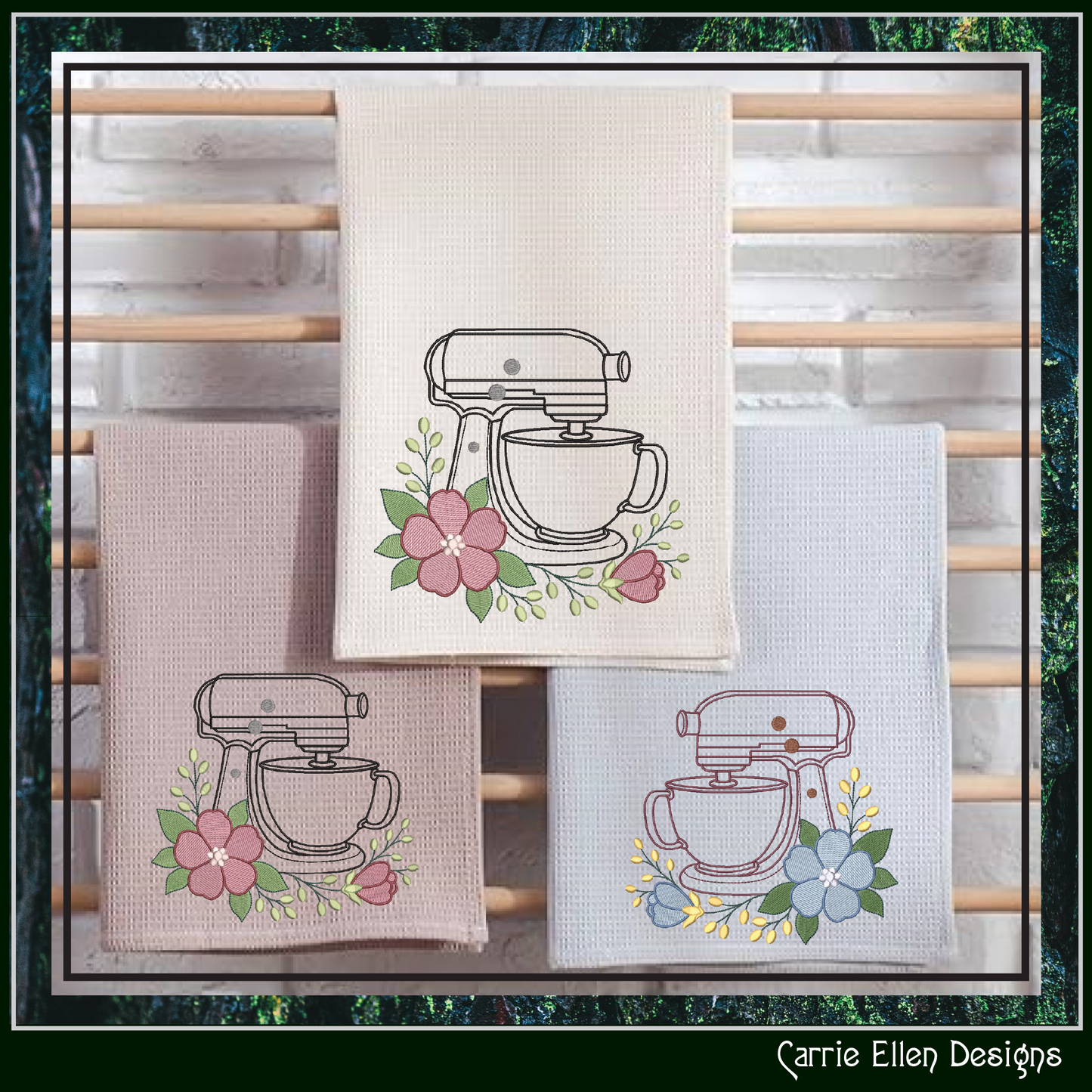 Floral Kitchen Mixer Machine Embroidery Design | Baking Mixer with Flowers Stitch File, 6 Sizes (4108)
