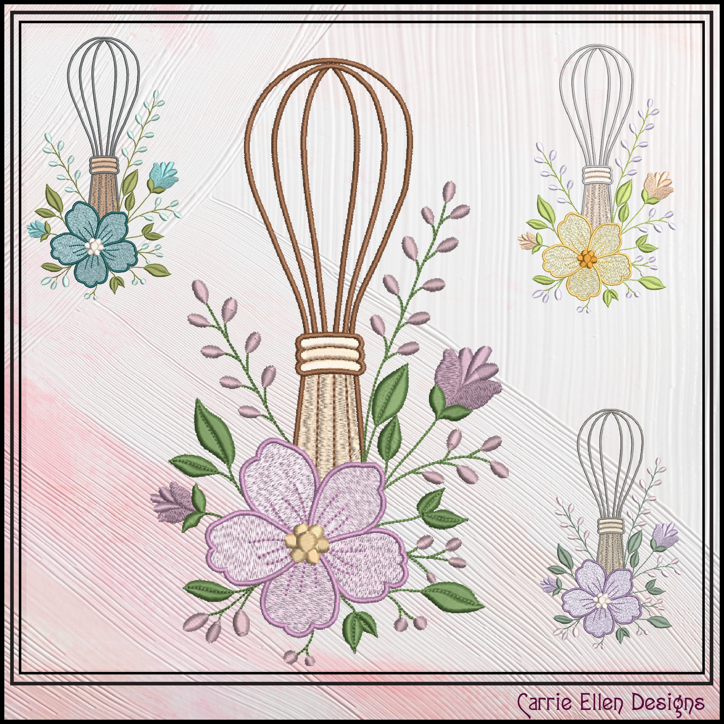 Floral Kitchen Whisk Machine Embroidery Design | Baking Whisk with Flowers Stitch File, 6 Sizes (4109)