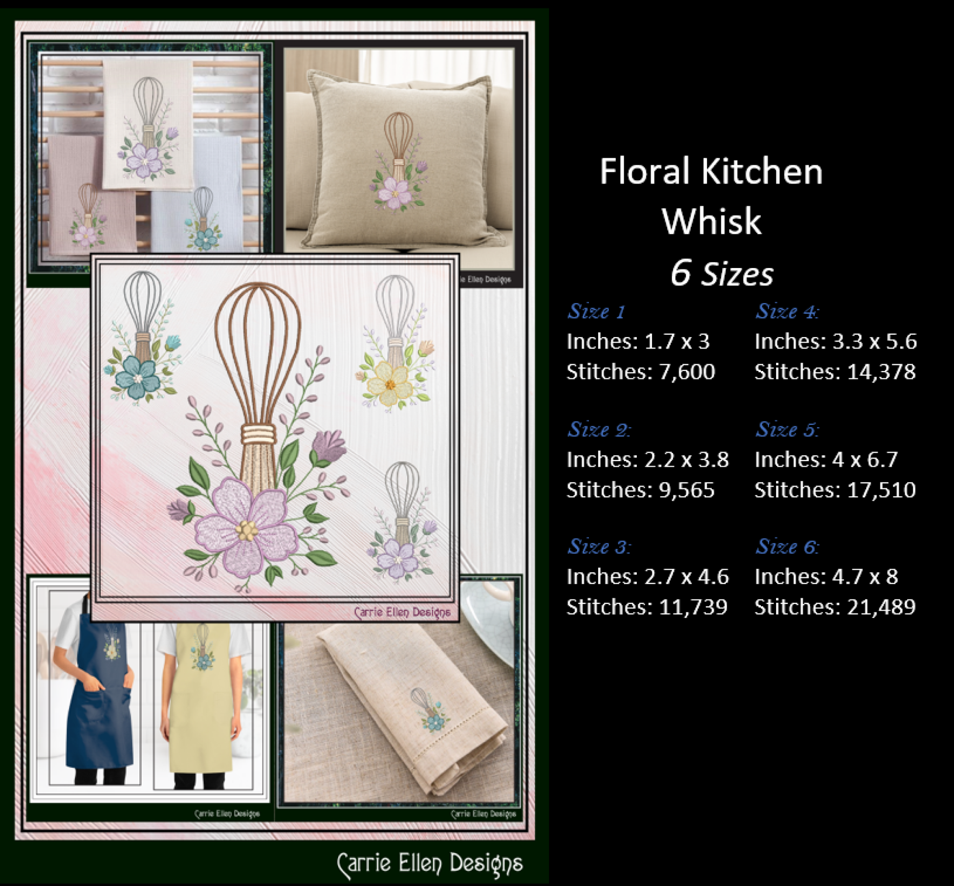 Floral Kitchen Whisk embroidery design with size specifications and Carrie Ellen Designs branding.