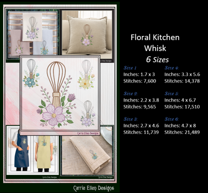Floral Kitchen Whisk embroidery design with size specifications and Carrie Ellen Designs branding.