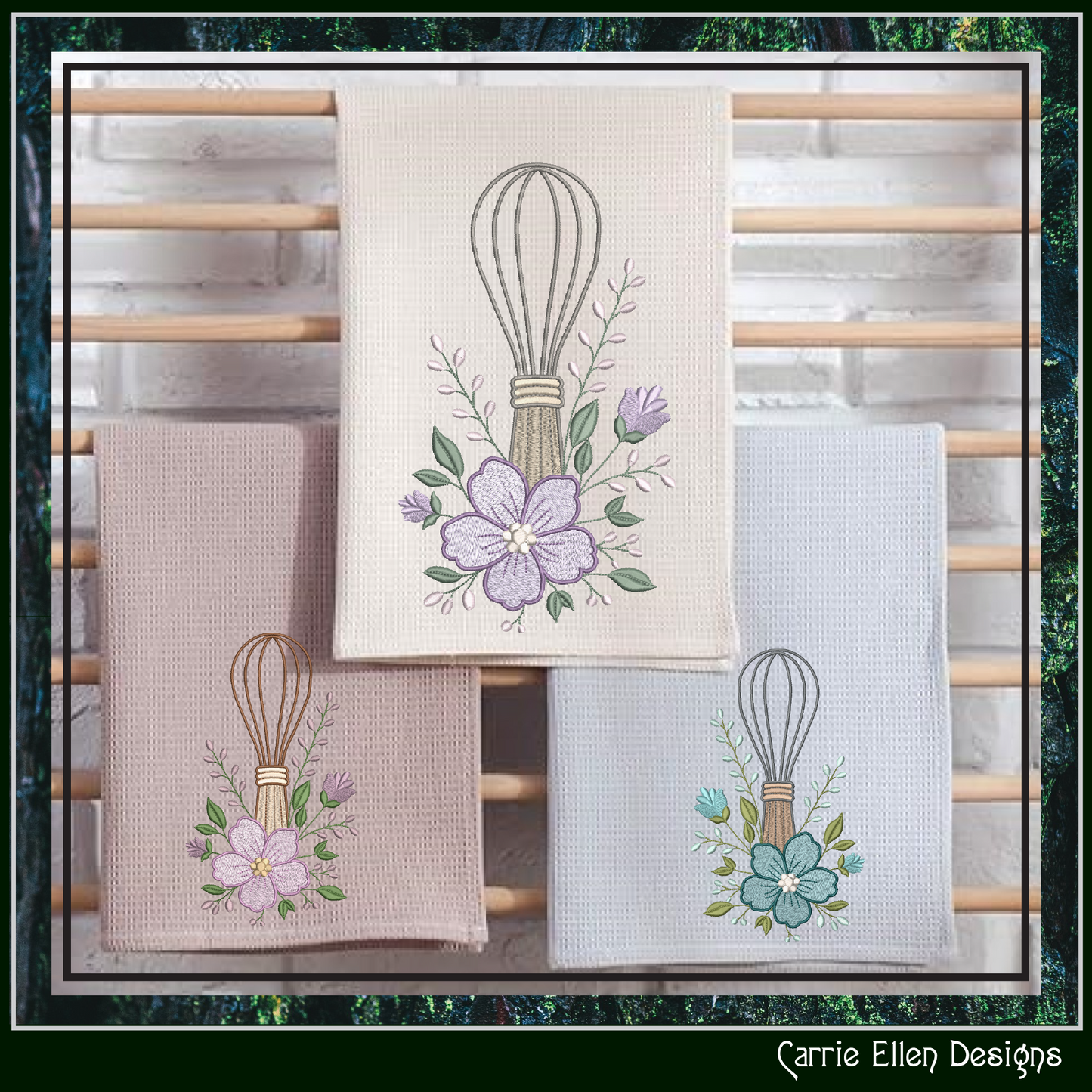 Floral Kitchen Whisk Machine Embroidery Design | Baking Whisk with Flowers Stitch File, 6 Sizes (4109)