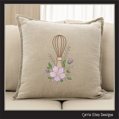 Floral Kitchen Whisk Machine Embroidery Design | Baking Whisk with Flowers Stitch File, 6 Sizes (4109)