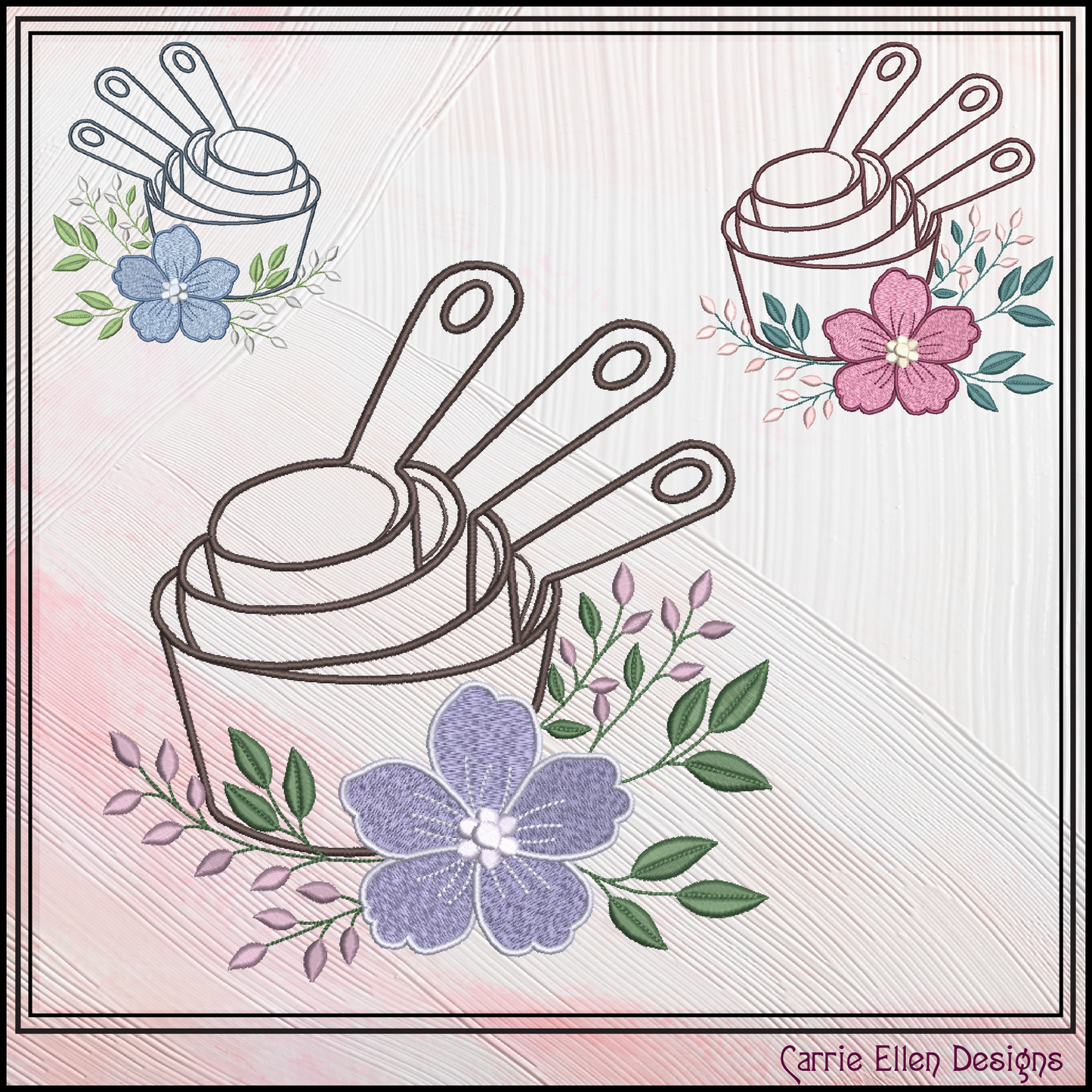 Floral Measuring Cups Machine Embroidery Design | Baking Cups with Flowers Stitch File, 6 Sizes (4110)