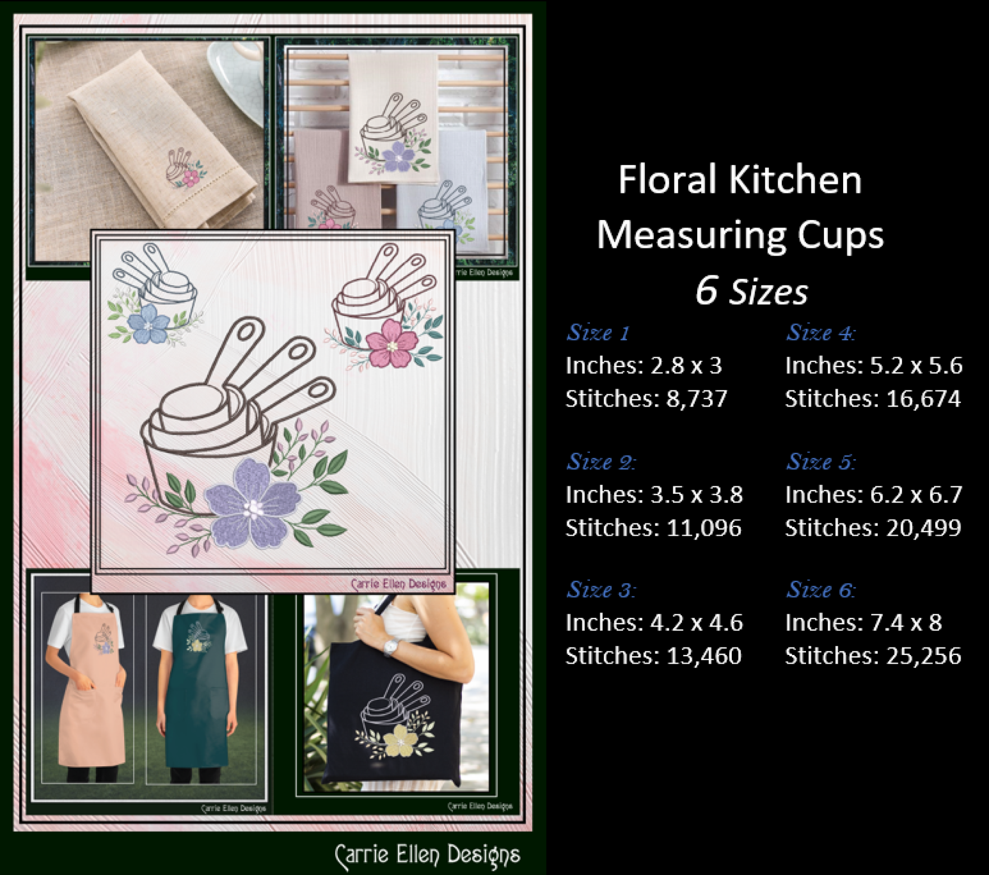 Floral kitchen measuring cups embroidery design with size details on a black background.