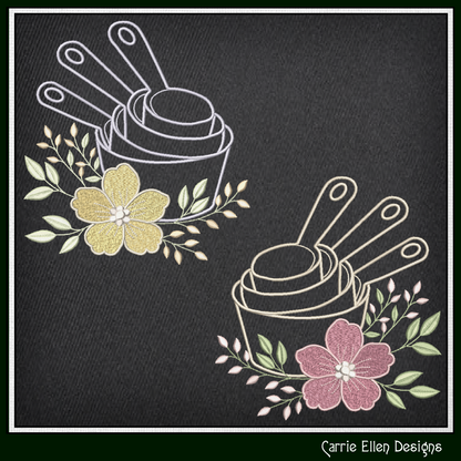 Floral Measuring Cups Machine Embroidery Design | Baking Cups with Flowers Stitch File, 6 Sizes (4110)
