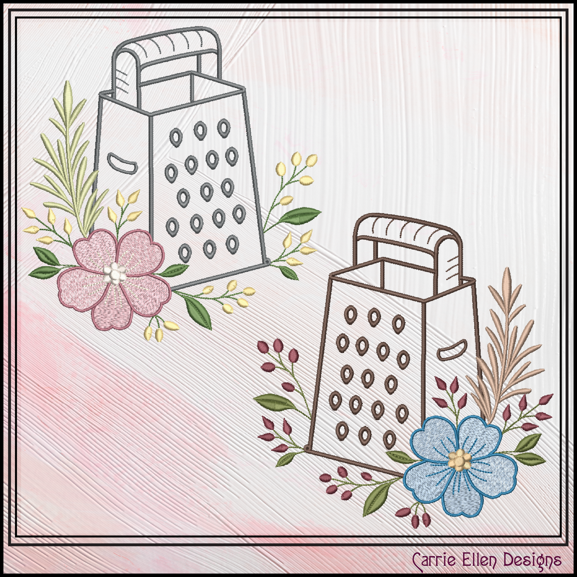 Two hand-drawn graters with floral and leaf decorations on a textured background, featuring the 'Carrie Ellen Designs' logo.