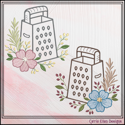 Two hand-drawn graters with floral and leaf decorations on a textured background, featuring the 'Carrie Ellen Designs' logo.