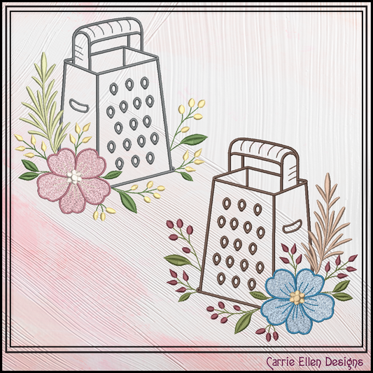 Two hand-drawn graters with floral and leaf decorations on a textured background, featuring the 'Carrie Ellen Designs' logo.