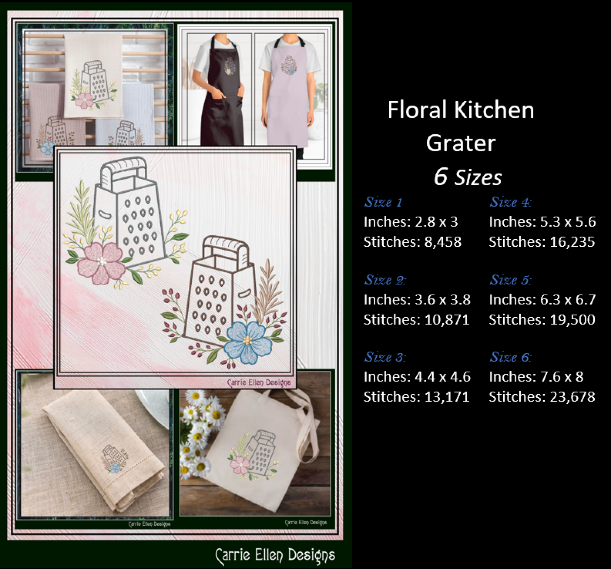 Floral kitchen grater embroidery design with size specifications and product images.