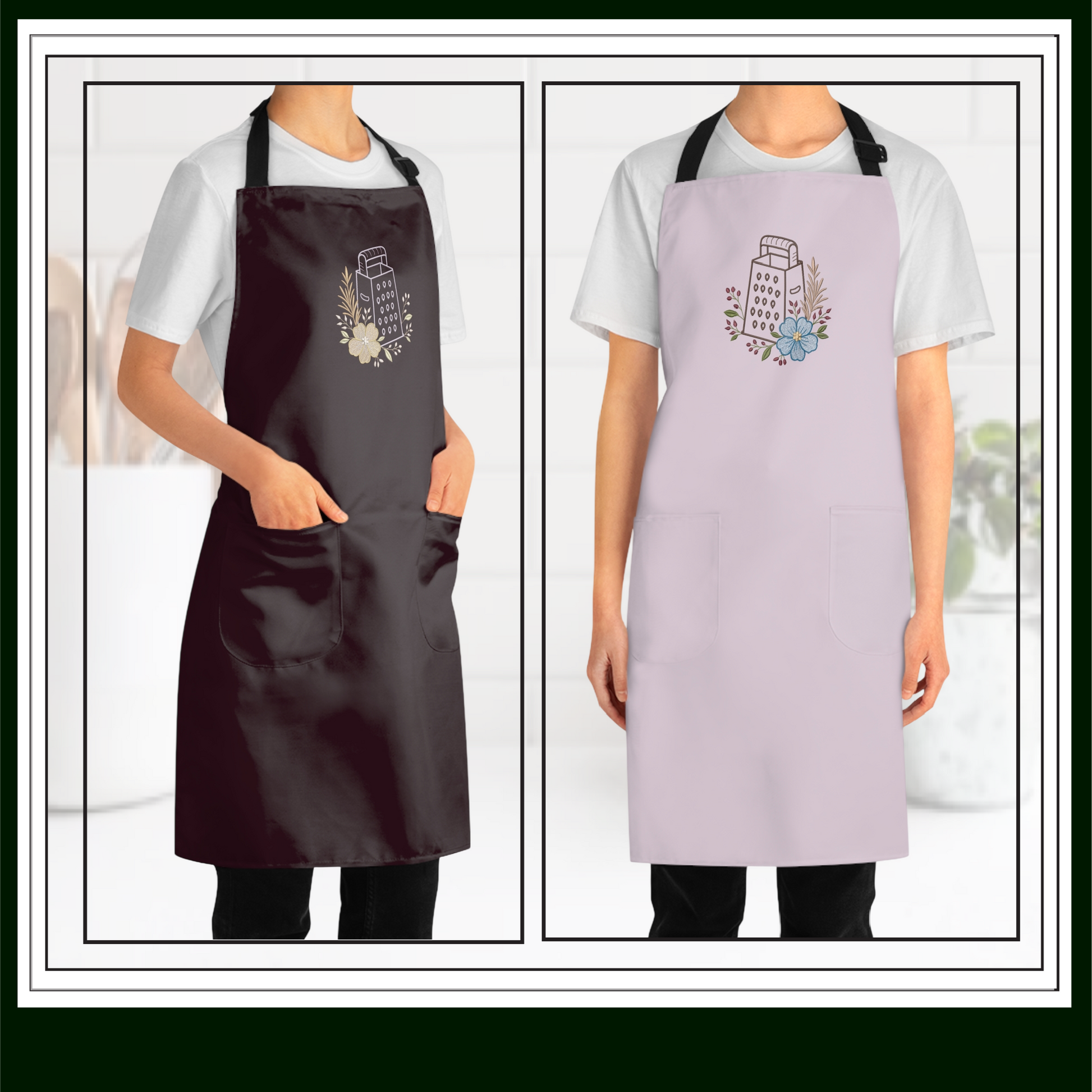 Two aprons, one black and one lavender, worn by a person with a decorative design on a white background.
