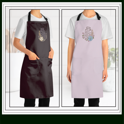 Two aprons, one black and one lavender, worn by a person with a decorative design on a white background.