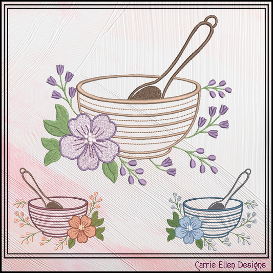 Embroidery Design of a classic mixing bowl paired with a whisk and delicate floral accents