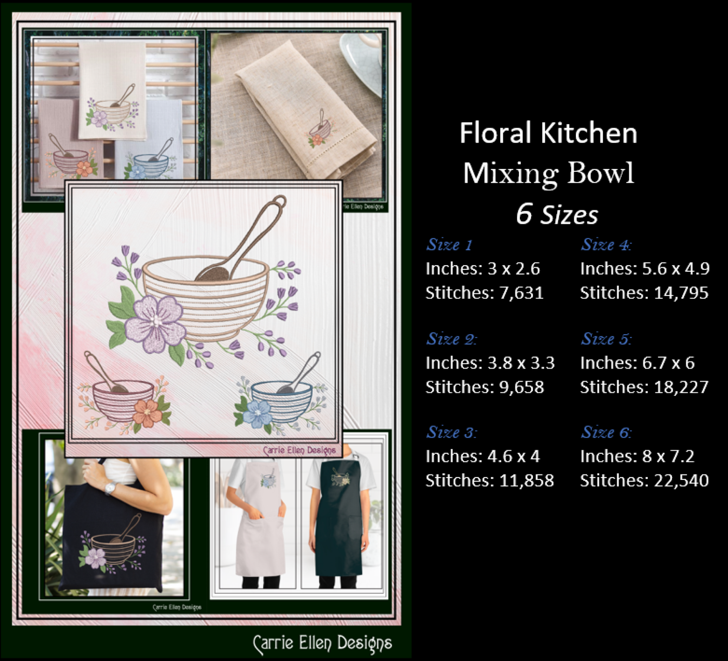 Floral Kitchen Mixing Bowl embroidery pattern with size and stitch details on a black background