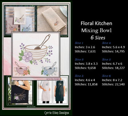 Floral Kitchen Mixing Bowl cross-stitch pattern with size and stitch details on a black background