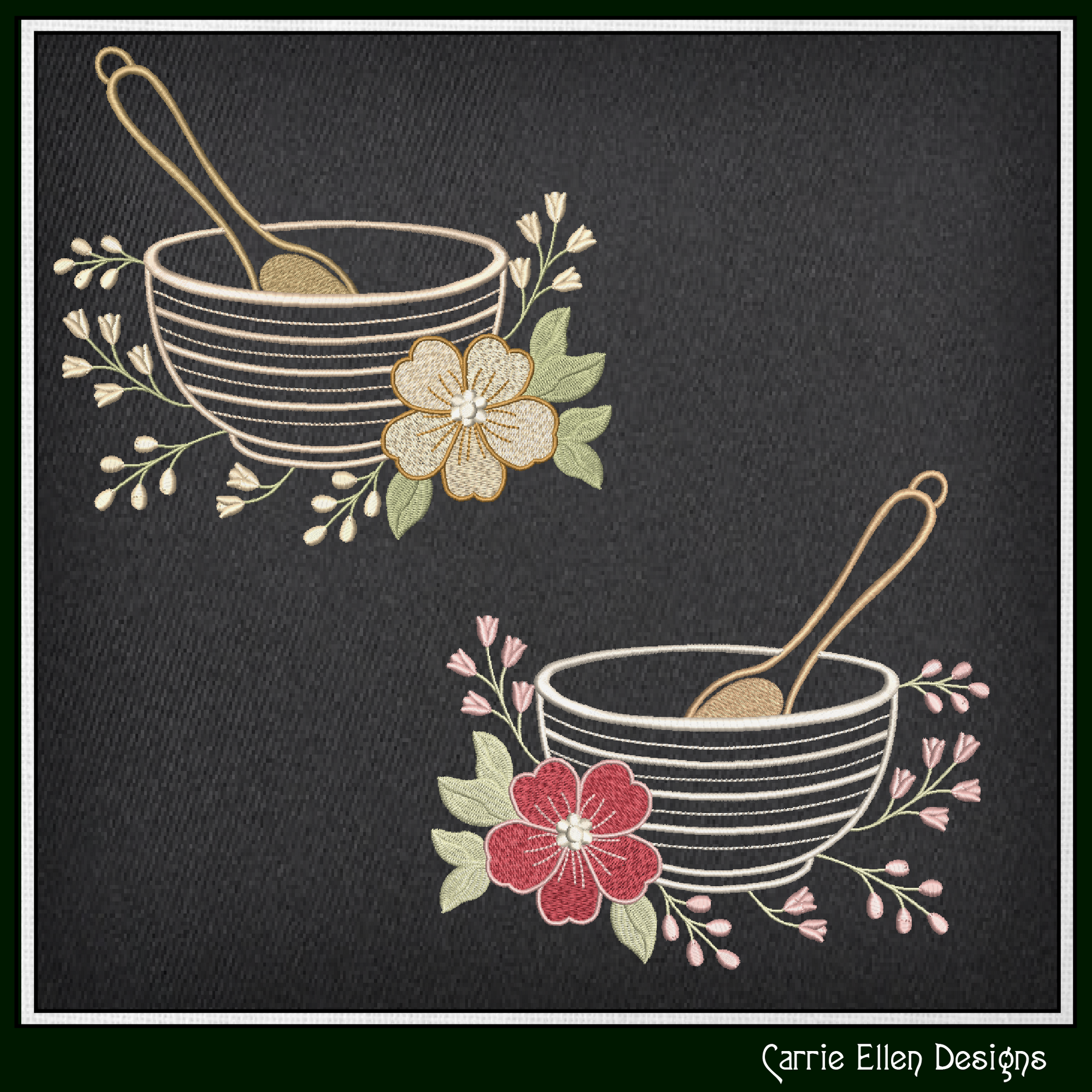 Embroidered design of two bowls with spoons and flowers on a black background, featuring the brand 'Carrie Ellen Designs'.