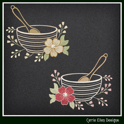Embroidered design of two bowls with spoons and flowers on a black background, featuring the brand 'Carrie Ellen Designs'.