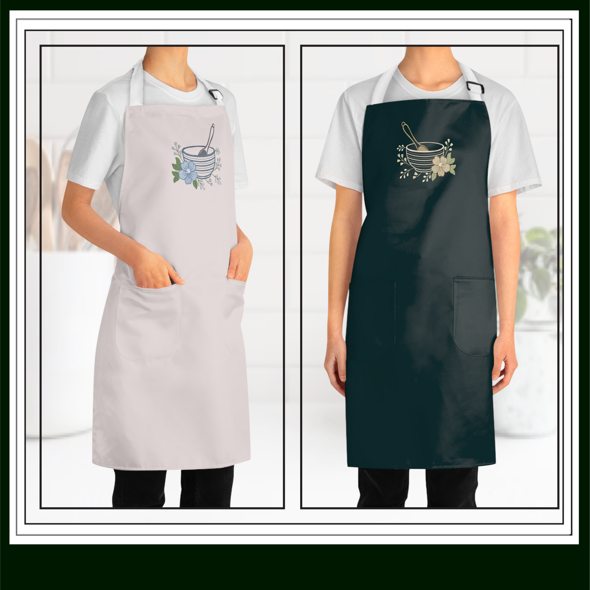 Two aprons, one gray and one green showing embroidery design of a  classic mixing bowl paired with a whisk and delicate floral accents