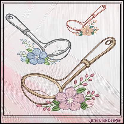 Floral Kitchen Ladle Machine Embroidery Design features a classic soup ladle accented with soft, elegant floral details.
