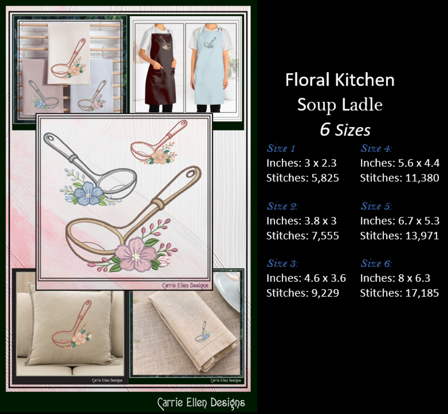 Floral kitchen soup ladle design with size and stitch information on a black background