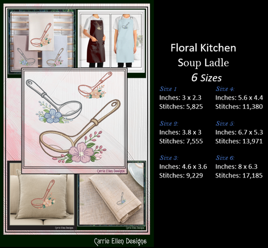 Floral kitchen soup ladle design with size and stitch information on a black background