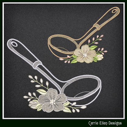 Floral Kitchen Ladle Machine Embroidery Design featuring a classic soup ladle accented with soft, elegant floral details.