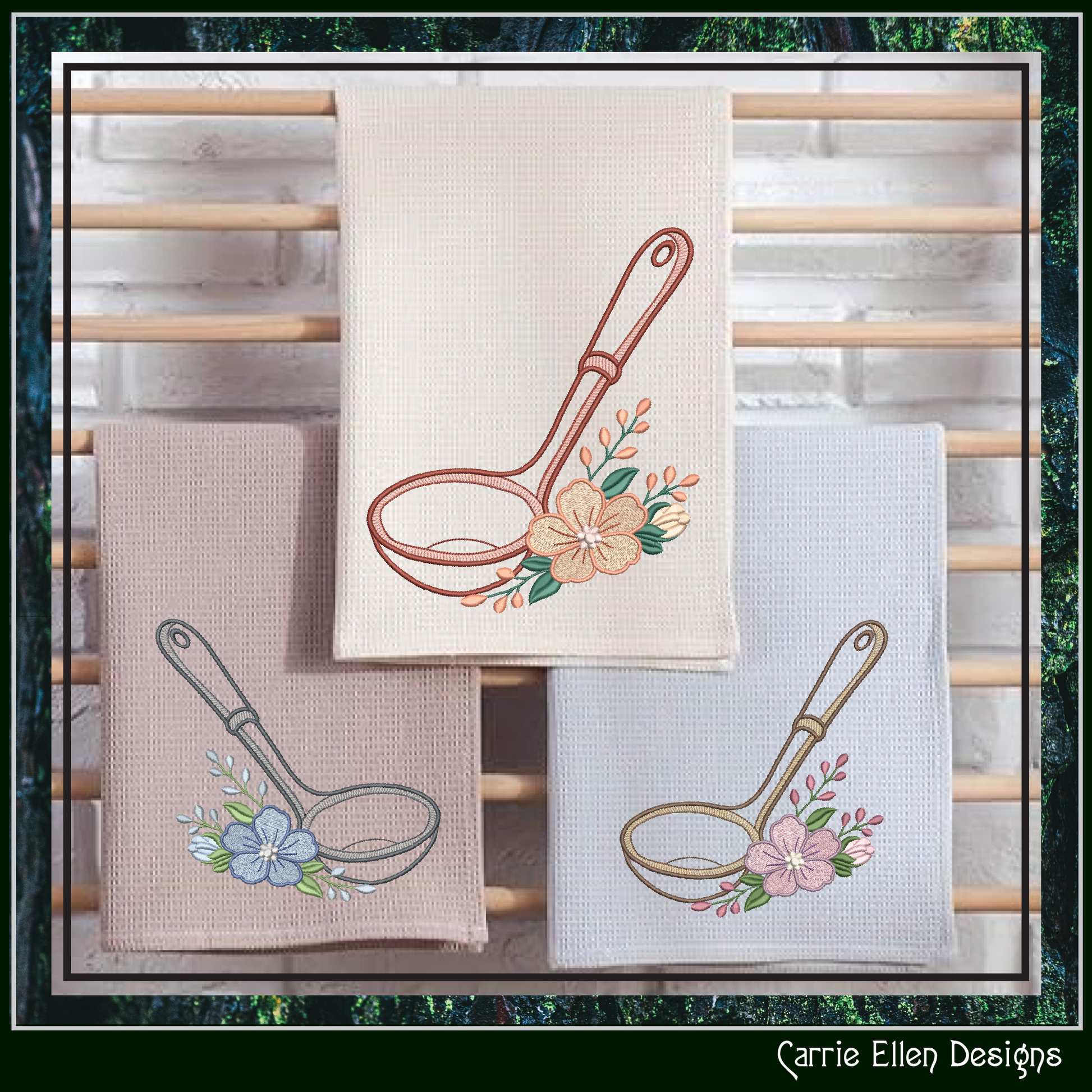 Kitchen towels with floral ladle embroidery design on a wooden rack.