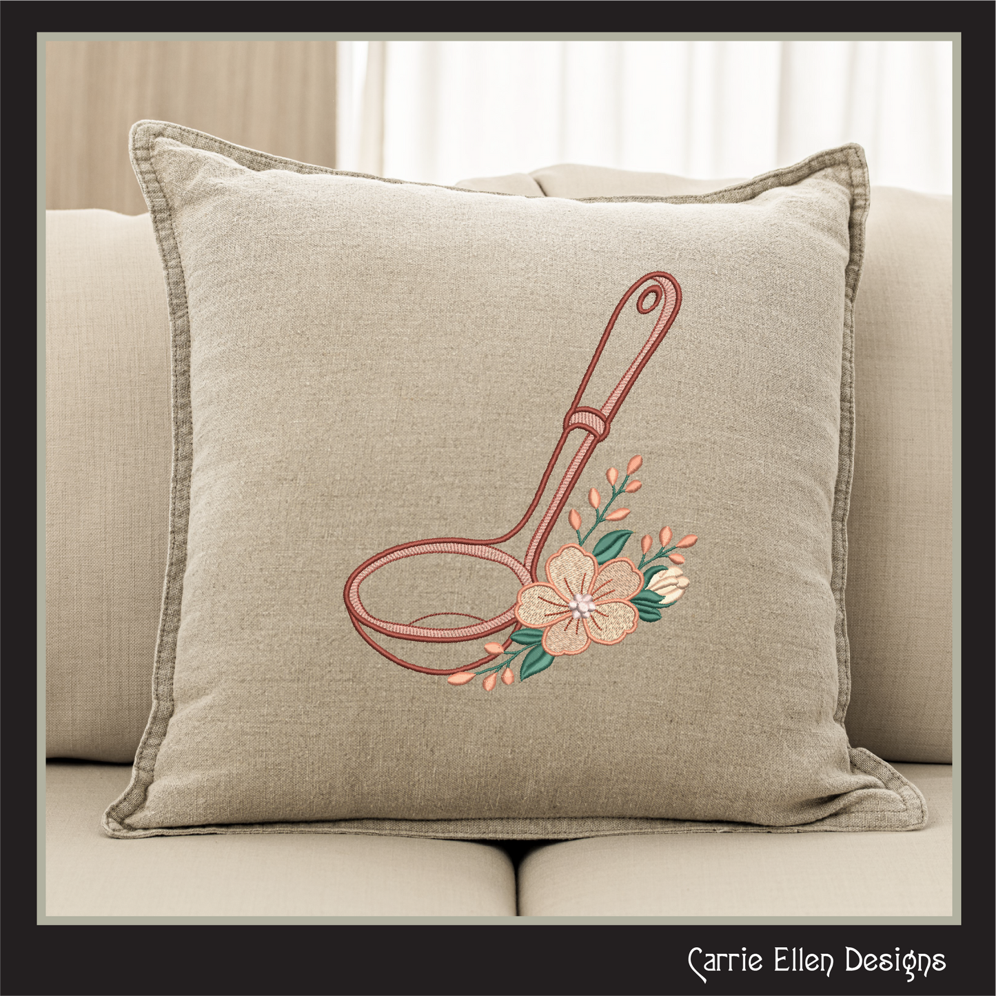 Beige pillow with Floral Kitchen Ladle Machine Embroidery Design featuring a classic soup ladle accented with soft, elegant floral details.