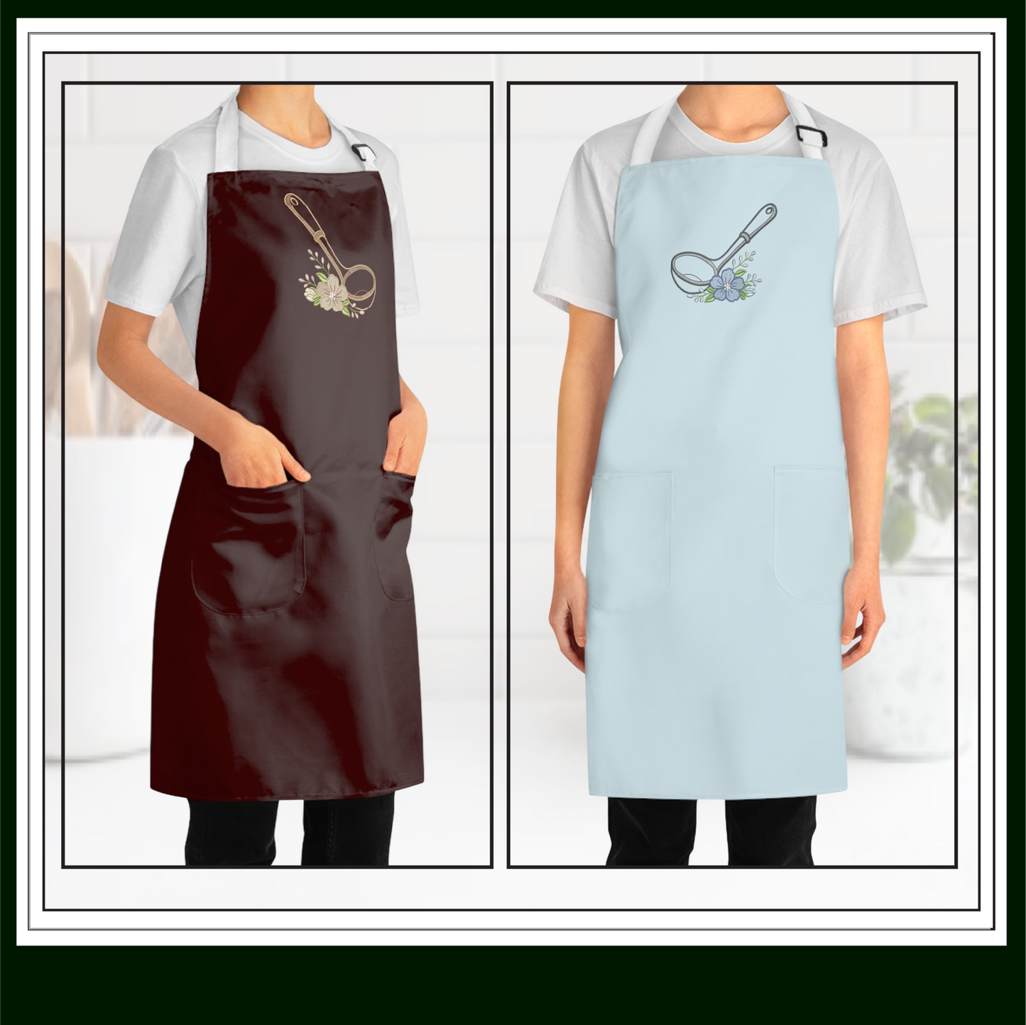 Kitchen aprons with Floral Kitchen Ladle Machine Embroidery Design featuring a classic soup ladle accented with soft, elegant floral details.