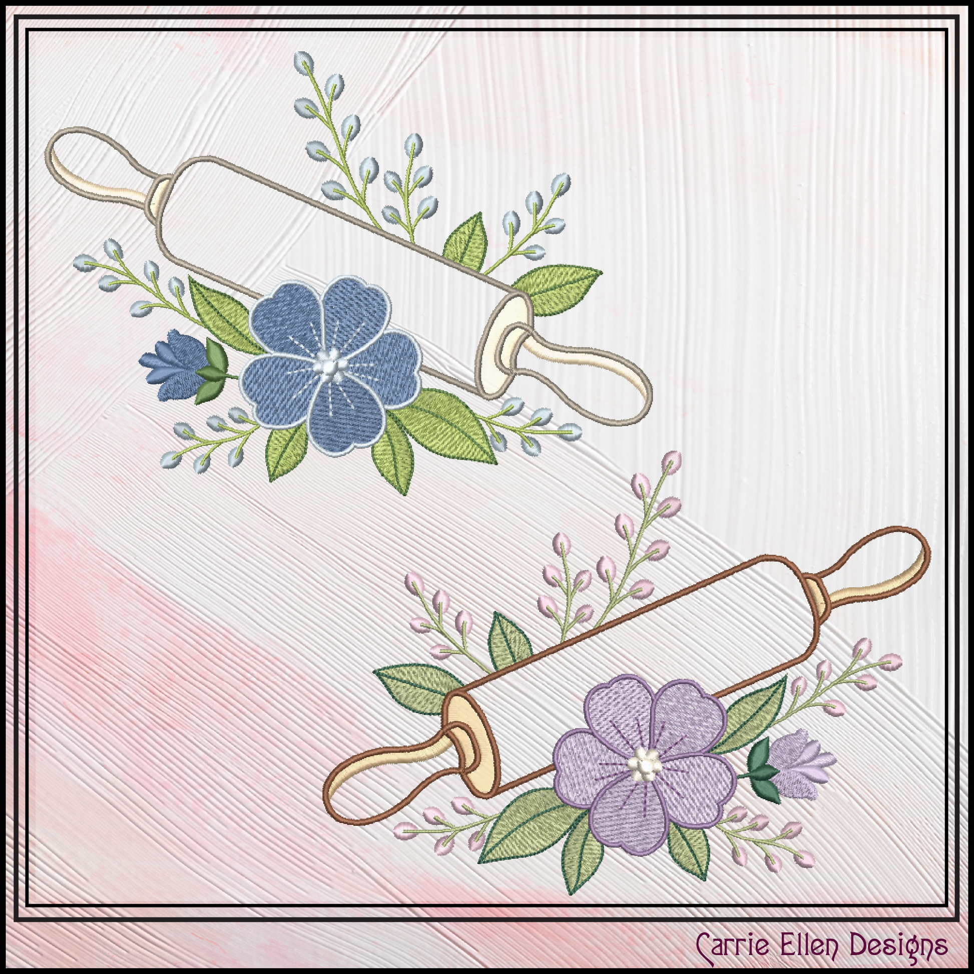 The Floral Rolling Pin Machine Embroidery Design features a beautifully detailed rolling pin accented with soft floral elements, creating the perfect blend of rustic charm and feminine elegance