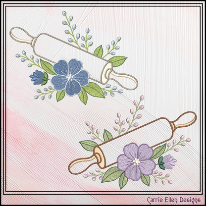 The Floral Rolling Pin Machine Embroidery Design features a beautifully detailed rolling pin accented with soft floral elements, creating the perfect blend of rustic charm and feminine elegance