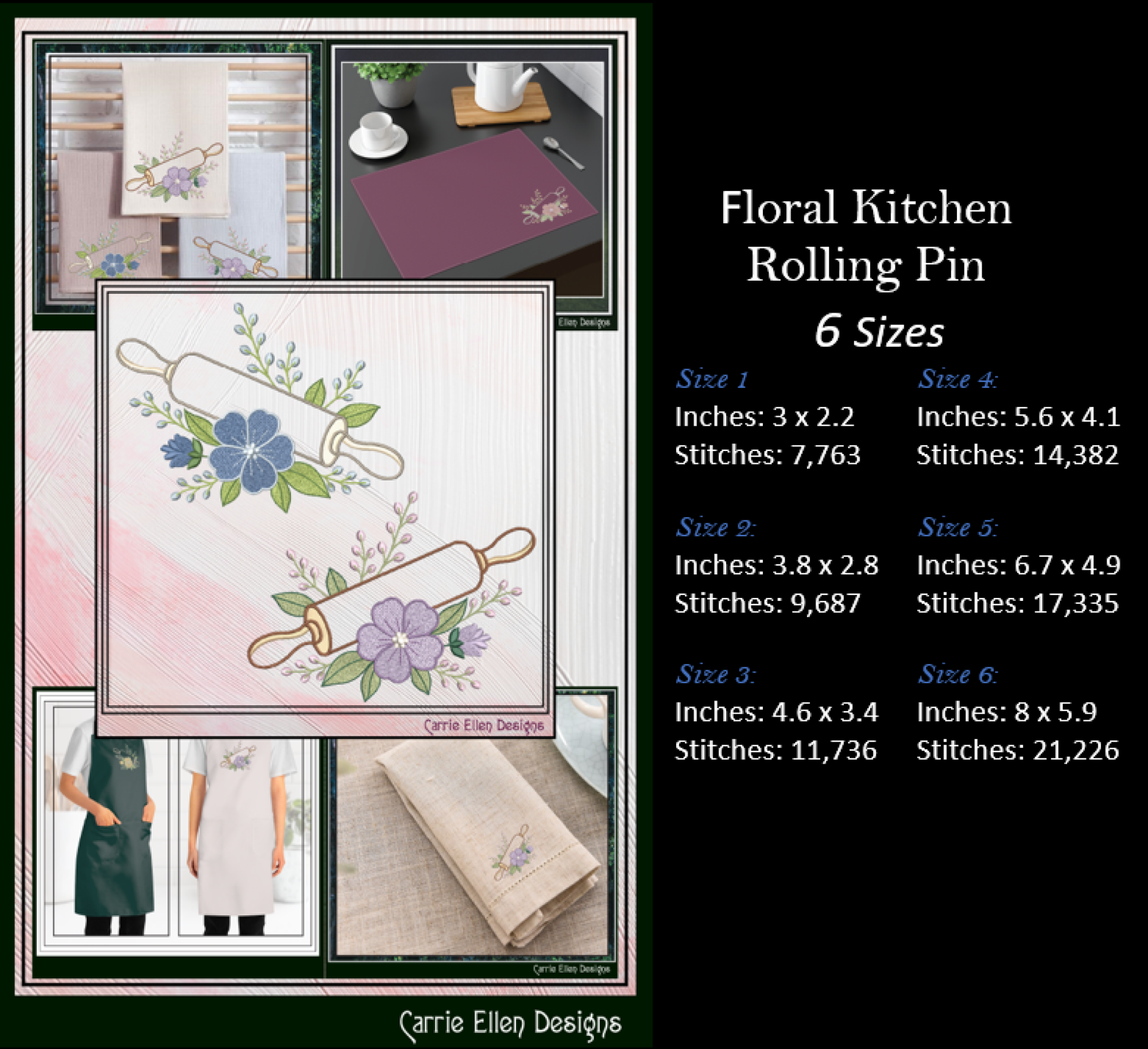 Floral kitchen rolling pin cross-stitch pattern with size details and sample images.