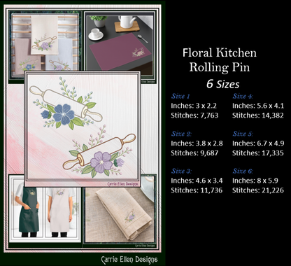 Floral kitchen rolling pin cross-stitch pattern with size details and sample images.