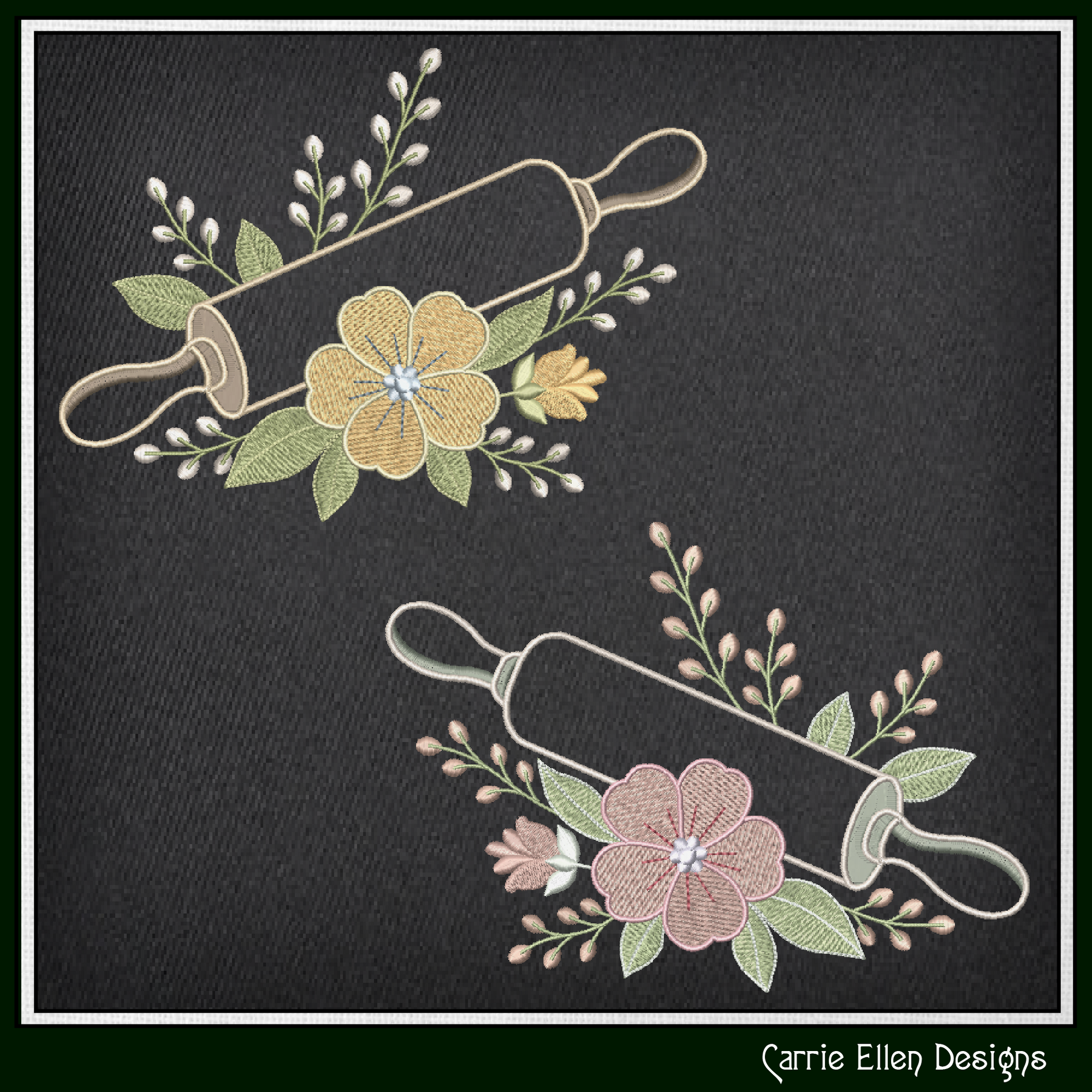 Embroidered designs of rolling pins with flowers and leaves on a dark fabric background, featuring 'Carrie Ellen Designs' branding.