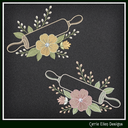 Embroidered designs of rolling pins with flowers and leaves on a dark fabric background, featuring 'Carrie Ellen Designs' branding.
