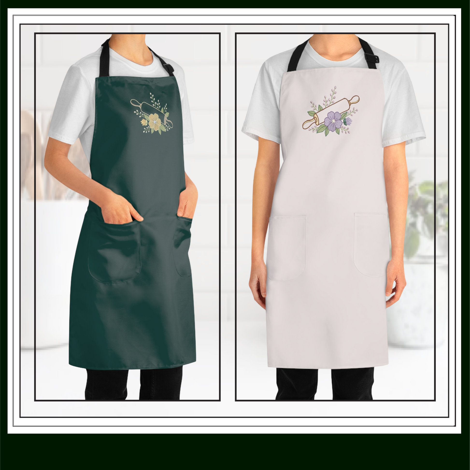 Kitchen aprons showing The Floral Rolling Pin Machine Embroidery Design features a beautifully detailed rolling pin accented with soft floral elements, creating the perfect blend of rustic charm and feminine elegance