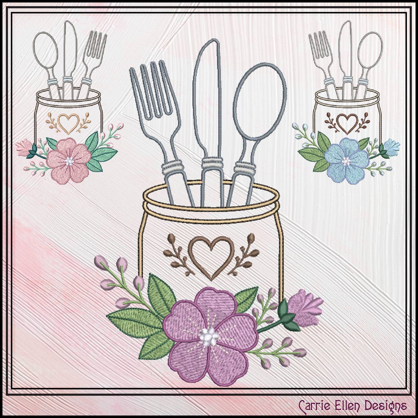 Floral kitchen silverware utensil jar embroidery design featuring spoon fork knife holder with flowers