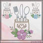 Floral kitchen silverware utensil jar embroidery design featuring spoon fork knife holder with flowers