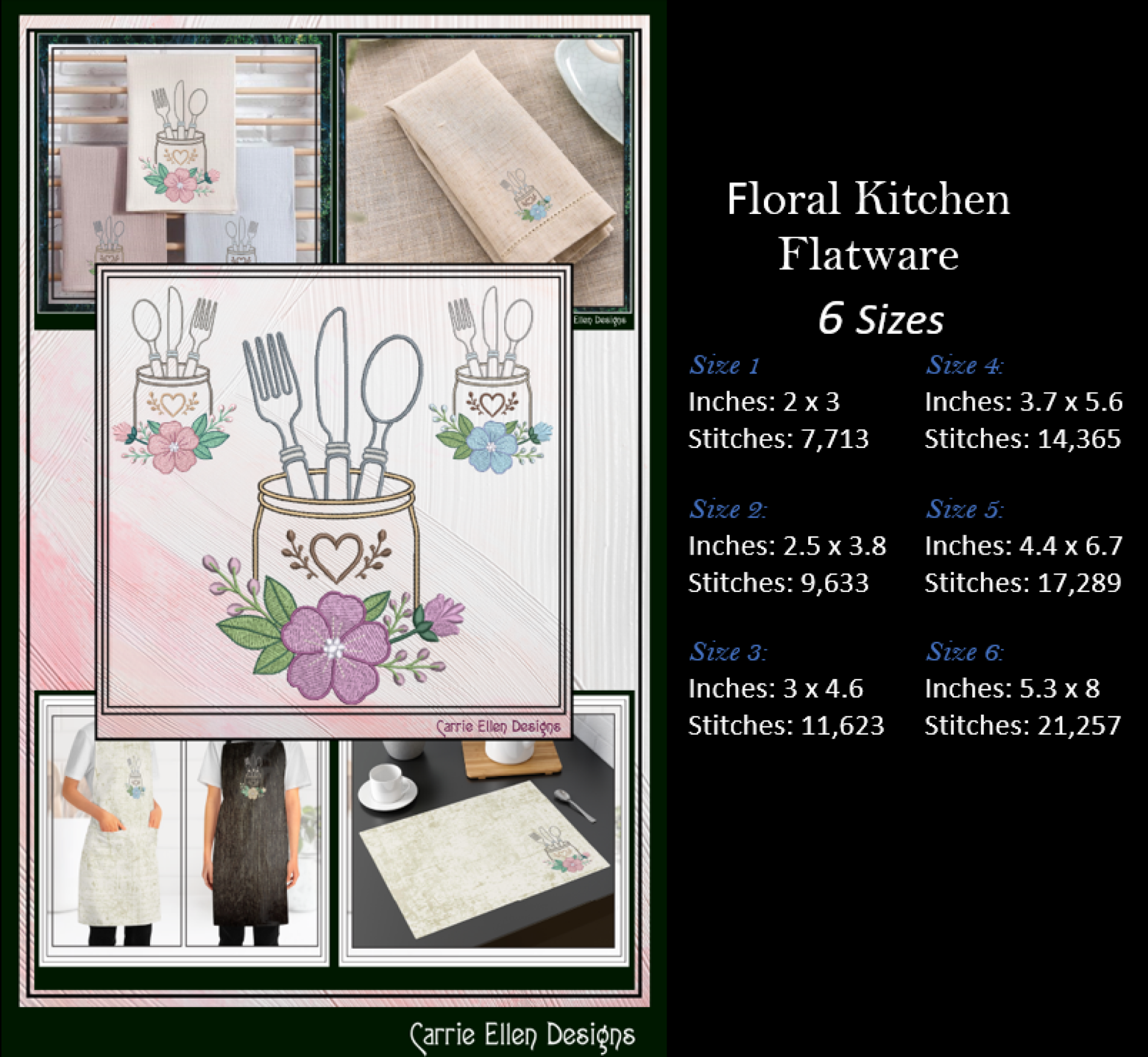 Floral kitchen flatware design with size specifications and product images on a black background.