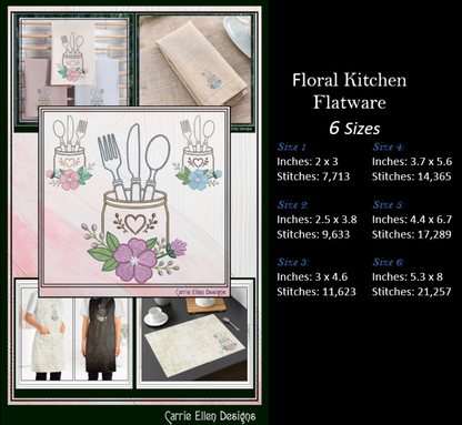 Floral kitchen flatware design with size specifications and product images on a black background.