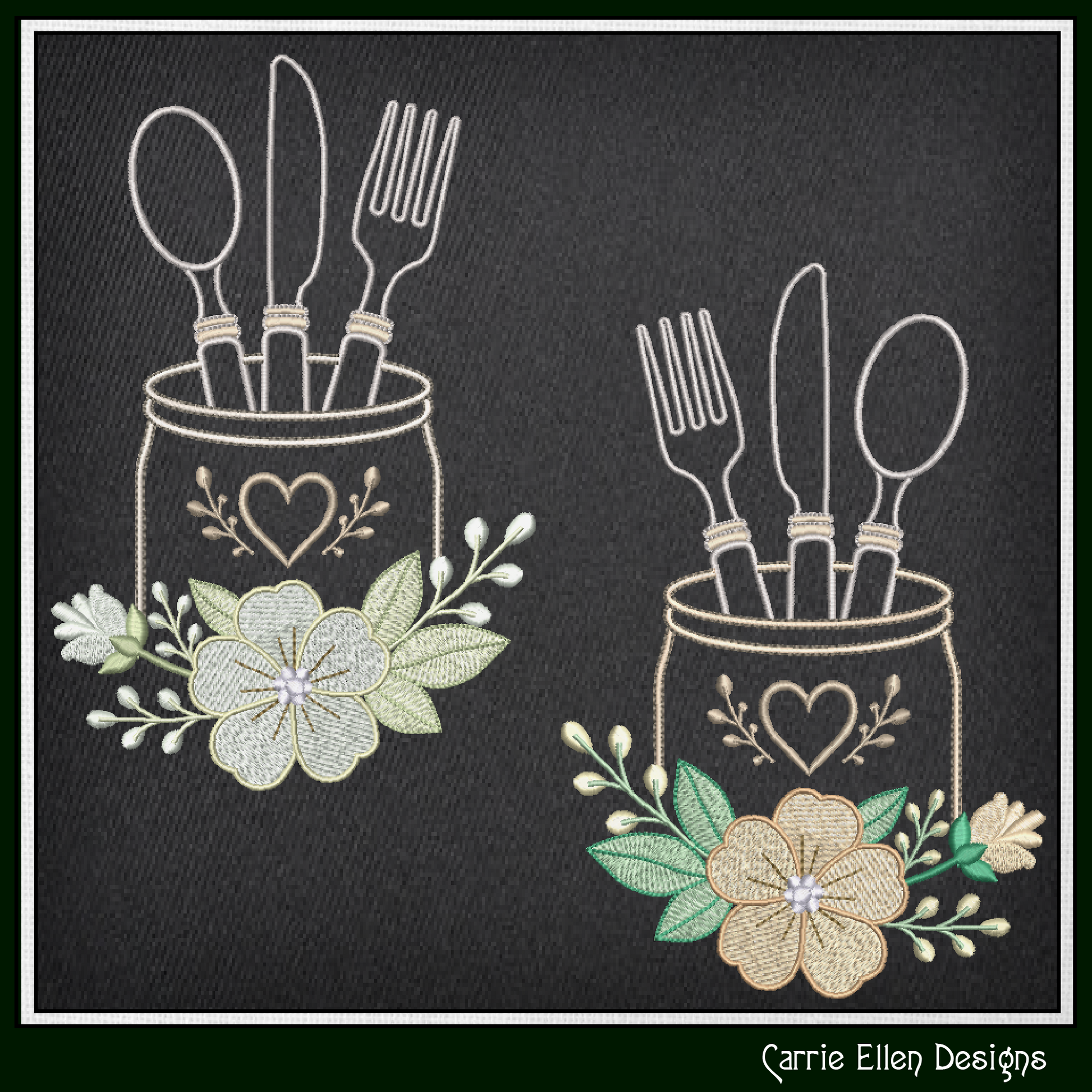 Two embroidered designs of cutlery in a jar with floral elements on a black background, featuring the brand 'Carrie Ellen Designs'.