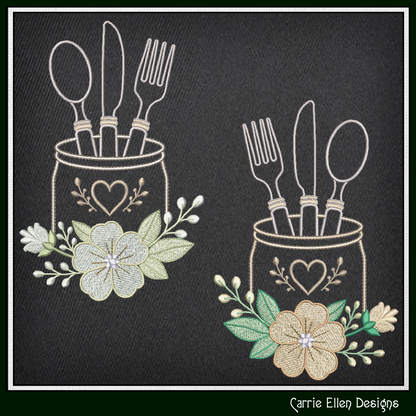 Two embroidered designs of cutlery in a jar with floral elements on a black background, featuring the brand 'Carrie Ellen Designs'.