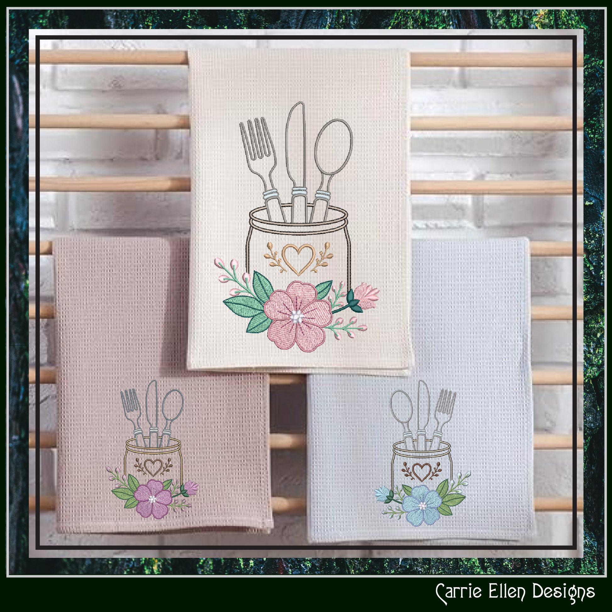 Kitchen towels with floral and cutlery designs on a wooden background.