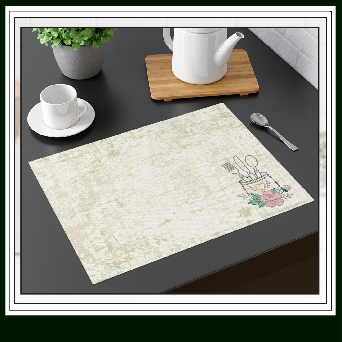 Placemat with Floral kitchen silverware utensil jar embroidery design featuring spoon fork knife holder with flowers on a table with a teapot and cup.