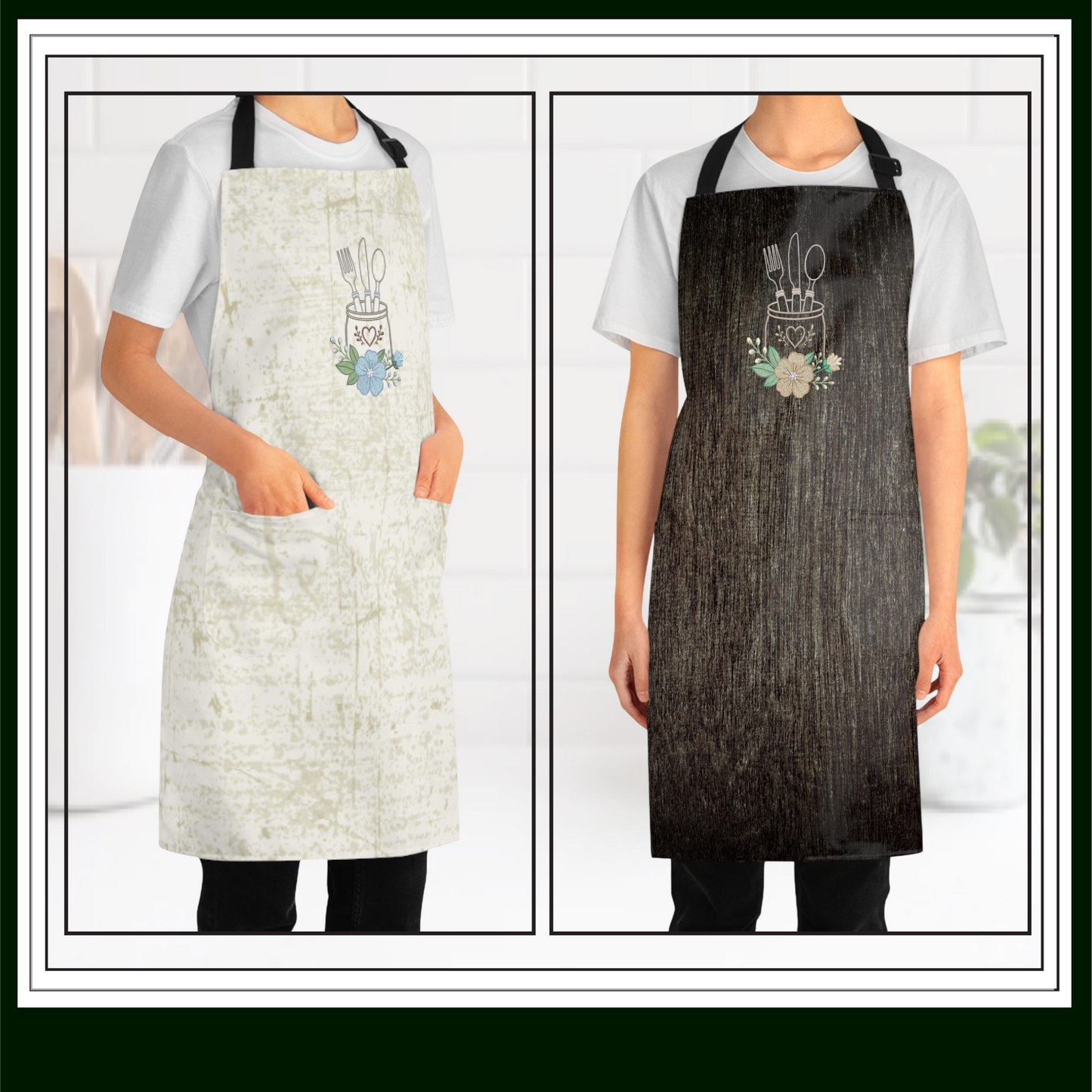 Kitchen aprons, Floral kitchen silverware utensil jar embroidery design featuring spoon fork knife holder with flowers