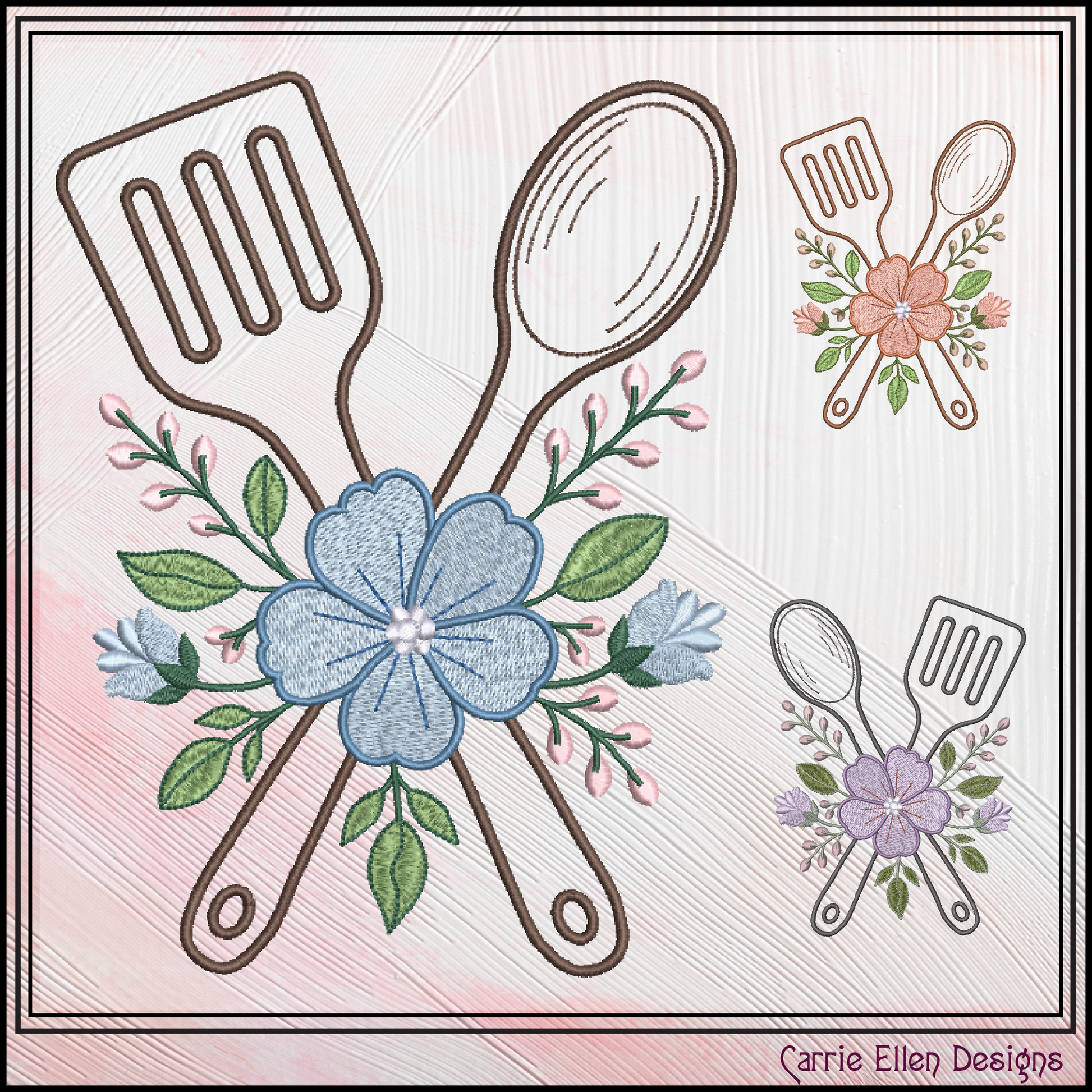 Decorative design of Floral Kitchen Spatula and Spoon Machine Embroidery Design features a beautifully styled crossed spatula and spoon, accented with soft floral details