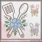 Decorative design of Floral Kitchen Spatula and Spoon Machine Embroidery Design features a beautifully styled crossed spatula and spoon, accented with soft floral details