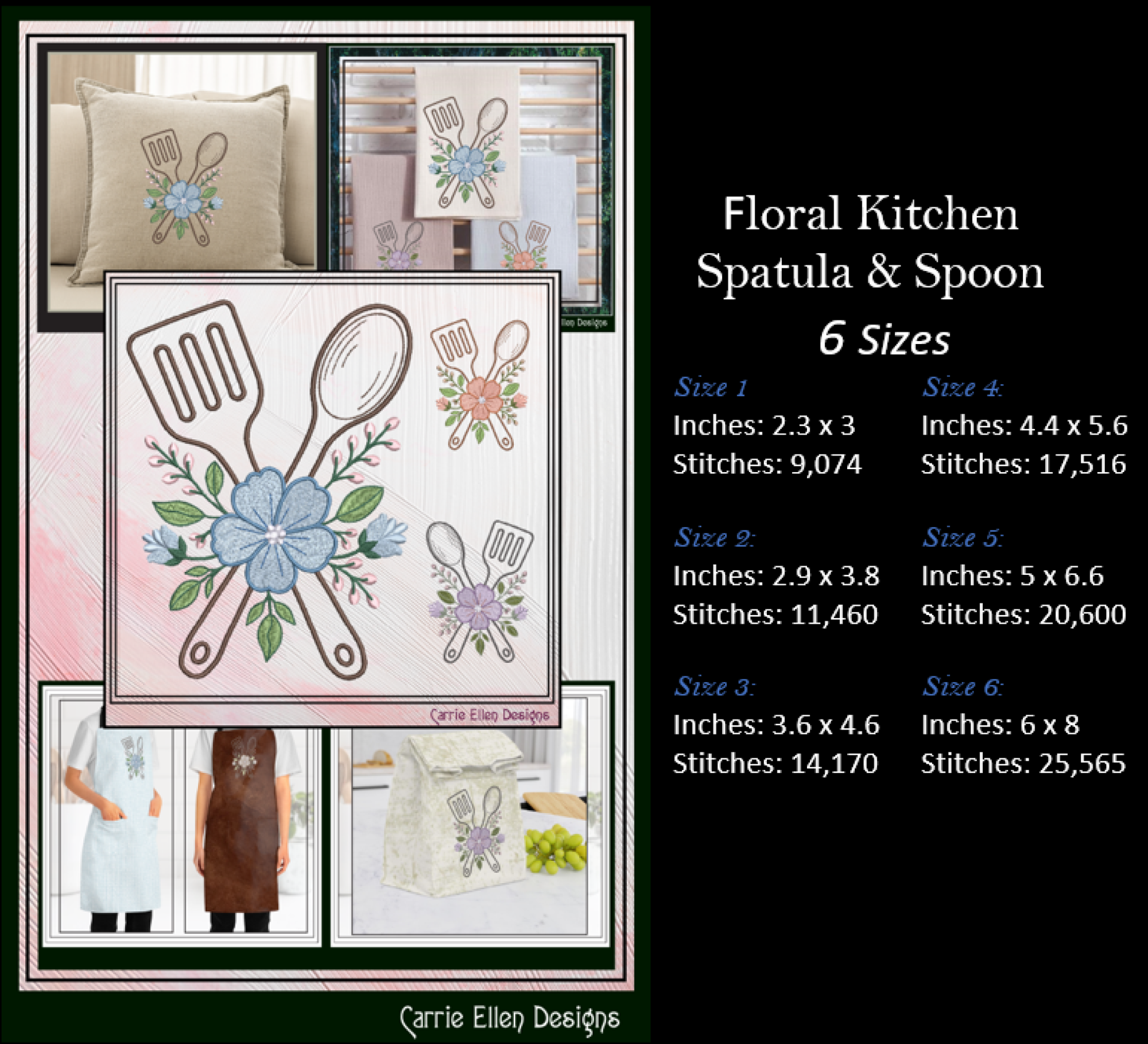 Floral kitchen-themed embroidery design with spatula, spoon, and flower on a black background with product details.