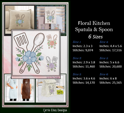 Floral kitchen-themed embroidery design with spatula, spoon, and flower on a black background with product details.