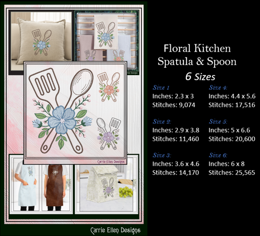 Floral kitchen-themed embroidery design with spatula, spoon, and flower on a black background with product details.
